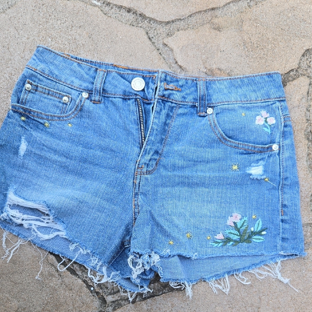 Size 5 Blue Jean Shorts with Distressed Floral Design
